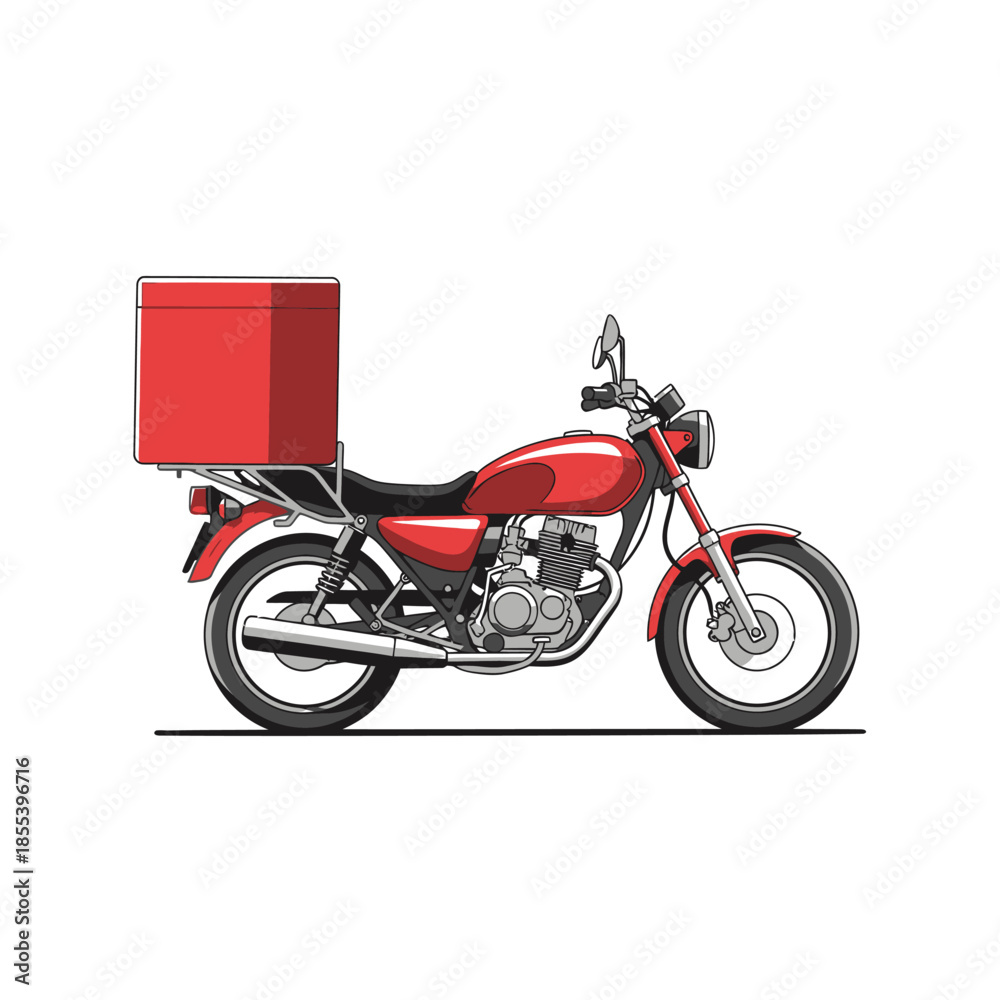 Fototapeta premium Red delivery motorcycle with a large box side view illustration