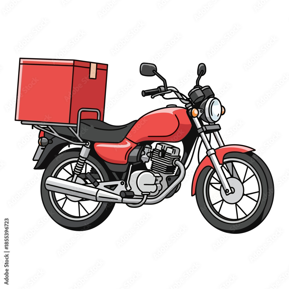 Obraz premium Red delivery motorcycle with a large box side view illustration