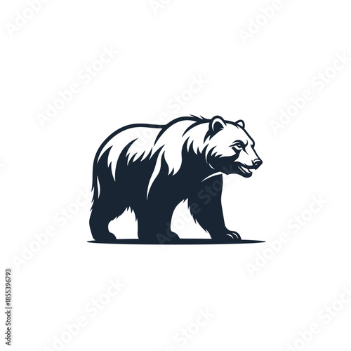 A striking black and white illustration of a powerful grizzly bear walking
