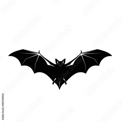 A simple black silhouette of a bat with wings spread facing forward