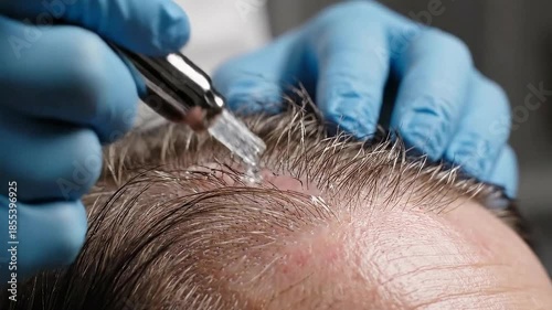 Close up Hair Follicle Treatment in Grey Background Showing Microneedle Technology with Gloved Hands for Medical and Wellness