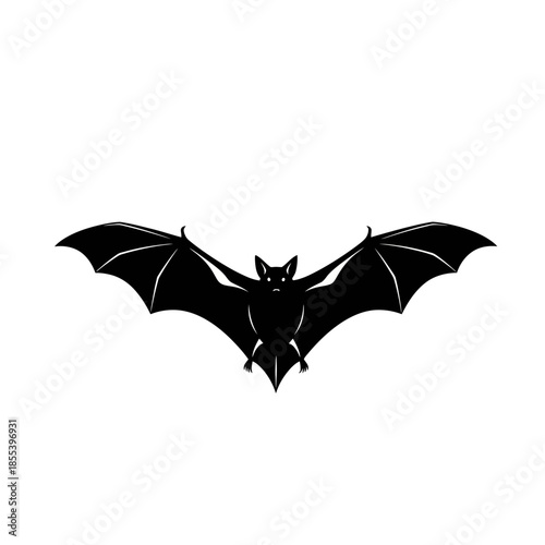 A striking black silhouette of a bat with wings outstretched in flight