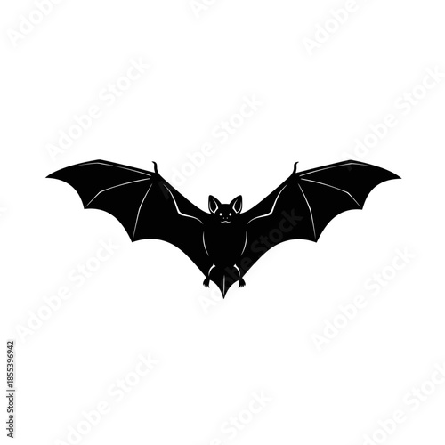 A silhouetted bat with outstretched wings against a plain white background