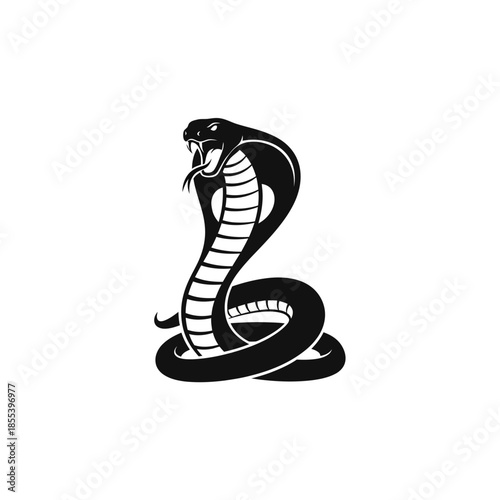 A striking black and white illustration of a cobra in a coiled pose