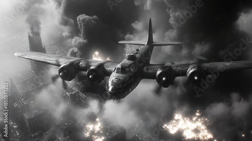 World War II Bomber Flying Through Intense Flak and Smoke.