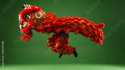 Traditional Chinese Lion Dance Costume in Mid Air.