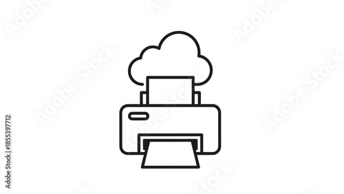 Cloud Printer Download Line Icon for Online Printing and File Transfer, Remote Print Service from Cloud Storage for Business and Smart Office Use, Outline Vector Illustration