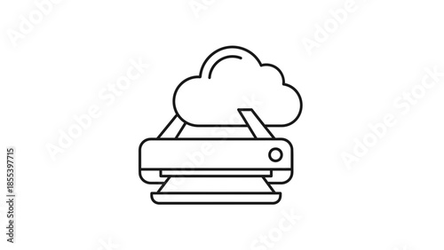 Cloud Printer Download Line Icon for Online Printing and File Transfer, Remote Print Service from Cloud Storage for Business and Smart Office Use, Outline Vector Illustration