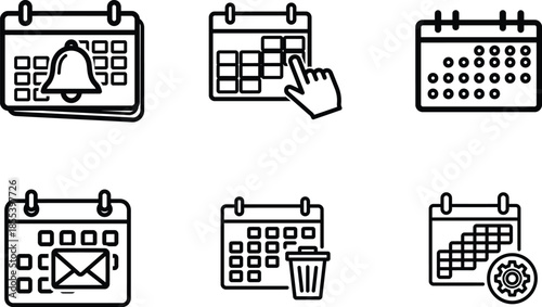 black and white line icons of calendar pages with different symbols  notification bell hand pointer email trash can gear