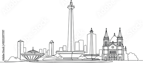 Minimal black single-line illustration of Jakarta skyline, isolated