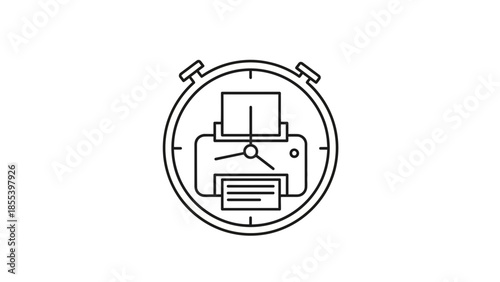 Illustration of a clock face with a printer inside representing time-sensitive printing services and fast delivery