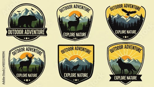 Outdoor Adventure Emblems with Mountain Landscapes.