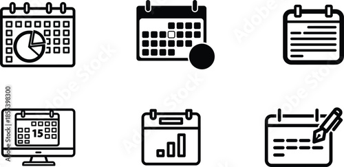 calendar icons with different symbols and graphs on white background