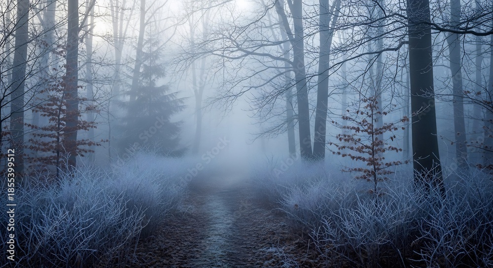 Fototapeta premium Mystical Forest Scene with Fog and Bare Trees.