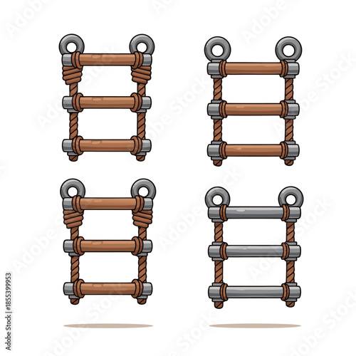 Set of four rope ladders with wooden and metal rungs.