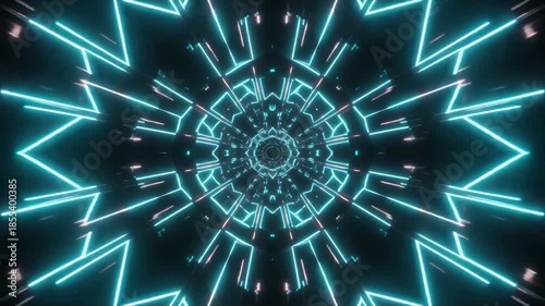 Abstract geometric tunnel with glowing neon blue and pink lines creating a futuristic kaleidoscope effect