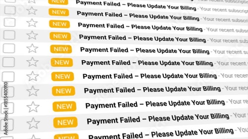 Payment Failed notifications requiring billing updates appear in large numbers on a digital inbox screen. Depicts urgent financial issues, and overdue subscriptions.