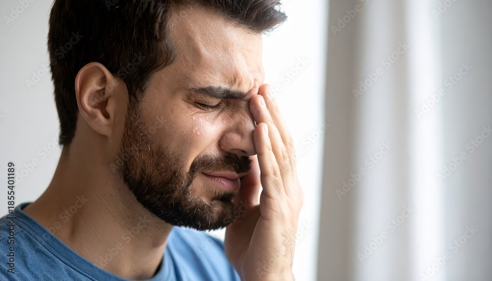 Fototapeta premium A man is wiping tears from his face expressing sadness and grief emotionally today.