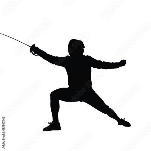 A cartoon silhouette of a fencer in a dynamic stance, holding a sword, against a clean white background with a focus on action and athleticism.