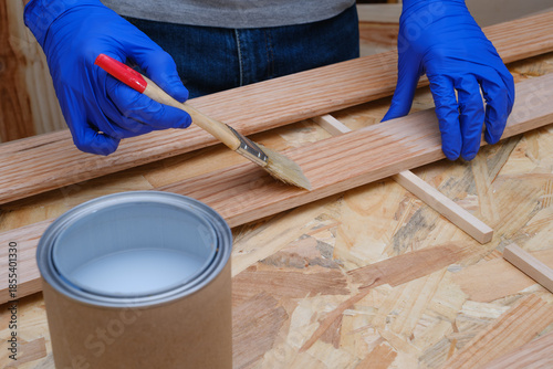 Tableau sur toile Front view of a person wearing blue gloves applying anti woodworm  treatment to oak wood
