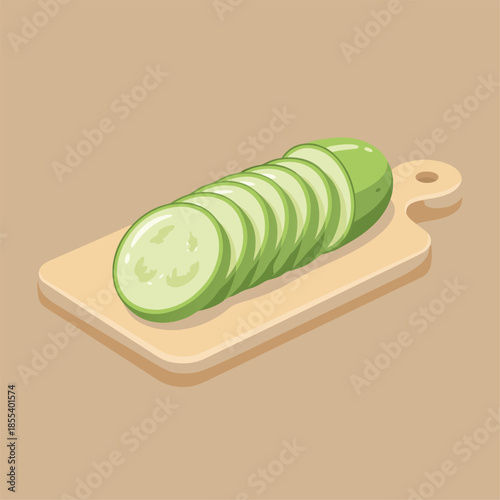 Sliced cucumber on a wooden cutting board.