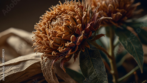 Dried protea flower with textured petals placed on rustic wooden surface in dark studio. Nature concept