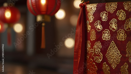 Traditional red Chinese lanterns with golden ornaments hanging in outdoor garden with bokeh lights. Culture concept