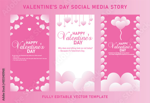 Valentine s day social media story templates with hearts and balloons