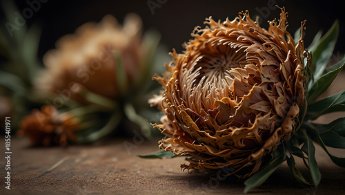 Dried protea flower with textured petals placed on rustic wooden surface in dark studio. Nature concept