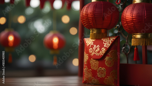 Red silk envelope with gold pattern standing near traditional lanterns in festive garden. Culture concept