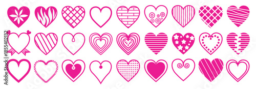 A collection of vibrant pink hearts with unique patterns and designs