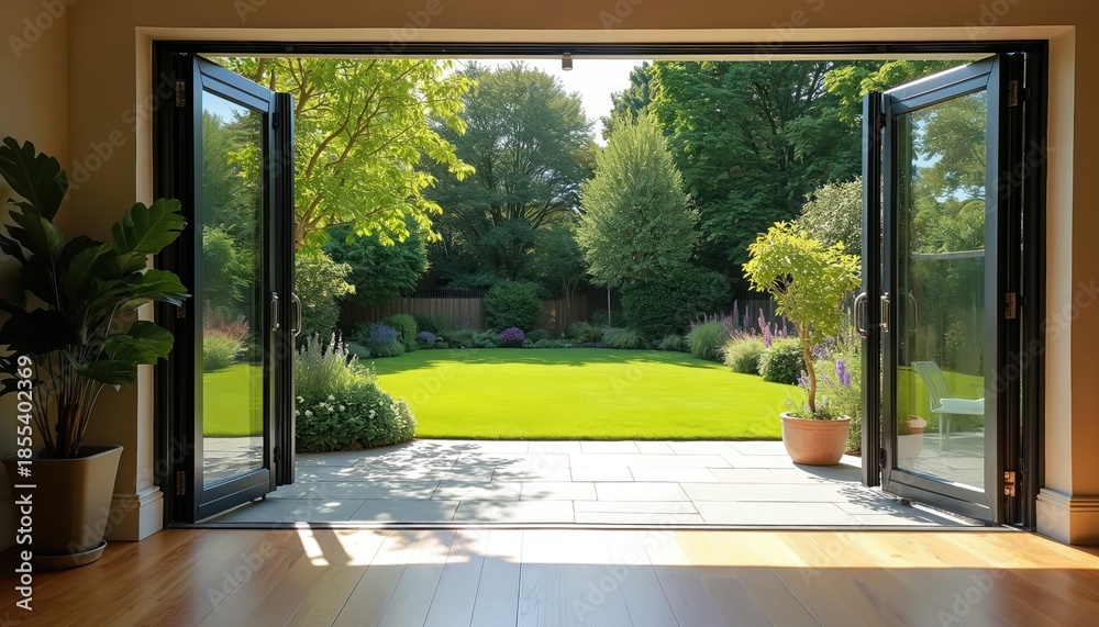 Fototapeta premium Open bifold doors reveal rich green garden with manicured lawn. Stylish modern interior opens to beautiful sunny patio, inviting outdoor living. Home exterior oasis.