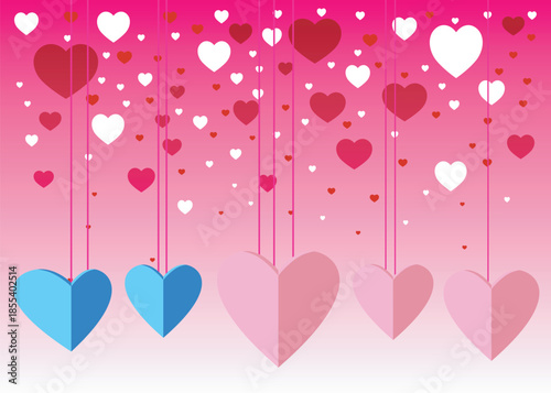 A vibrant display of hanging hearts in shades of pink red and blue