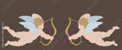 Two cherubic figures with bows and arrows facing each other