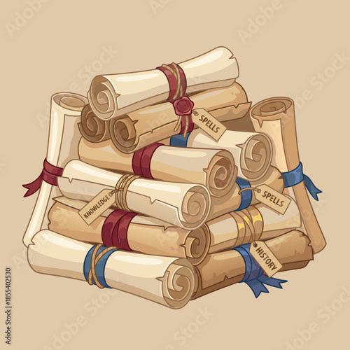 Stack of Old Scrolls Tied with Ribbons.