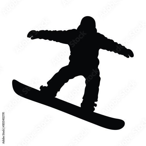 A black silhouette of a snowboarder in a dynamic pose against a clean white background with a cartoon style.