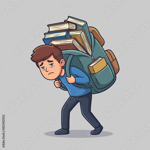 Student struggling to carry heavy backpack full of books.