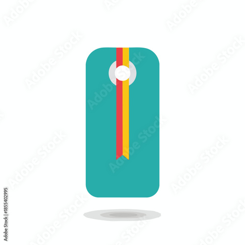 A teal tag with a hole and ribbons, set on white, with a drop shadow