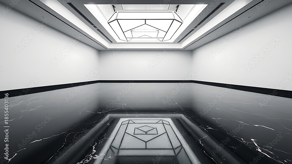 Fototapeta premium pronouncement. A minimalist gallery with black marble floor reflecting geometric ceiling lights. real-estate listings.