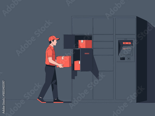 A delivery man carries boxes into a secure smart locker unit. Modern design, clear composition, and a professional setting. Suitable for commercial use.