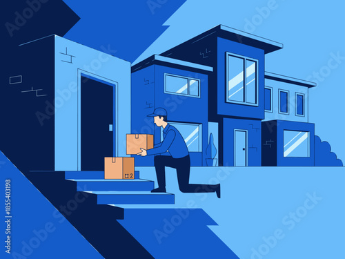 A delivery man carries boxes up a modern house's steps. Safe, fast, and easy delivery service. Clean, bright illustration.