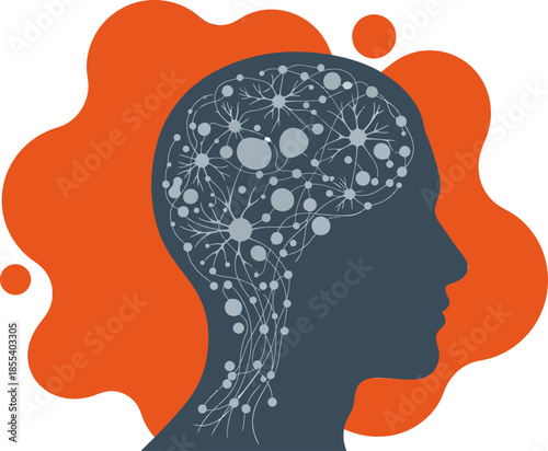A stylized head silhouette with neural network connections, overlaid on vibrant orange and grey abstract shapes. Represents mind, movement, and innovation. Modern, graphic design.