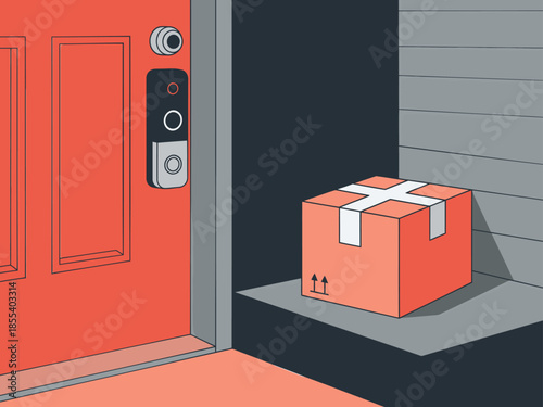 A stylized illustration depicts a secure package drop at a door, with a box awaiting delivery. Clean, modern design with vibrant colors. Ideal for delivery services and security concepts.