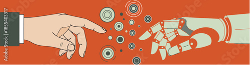 A stylized illustration depicts a human hand reaching towards a robotic hand, symbolizing collaboration and technological advancement. Modern, graphic design.