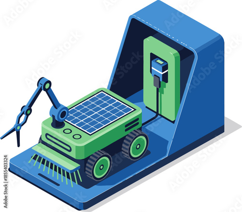 stylized isometric  solar-powered robot with a solar panel showcasing a sustainable and modern design Clean lines and bright colors create a visually appealing and informative image