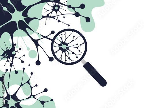A stylized neural network illustration with a magnifying glass, emphasizing detail. Modern, teal and blue color palette. Perfect for tech, science, or business concepts.