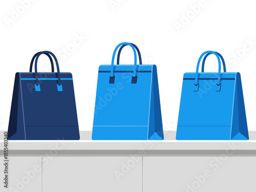 Three blue handbags sit on a countertop. Clean, modern illustration. Perfect for product displays and website graphics.