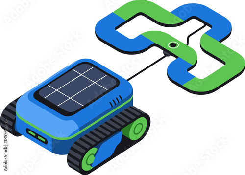 A vibrant, isometric robot with solar panels navigates a circuit, symbolizing innovation and sustainable technology. Modern, bright design.
