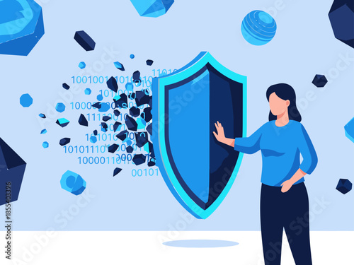 A woman protects digital data with a shield, symbolizing cybersecurity. Modern, vibrant, and professional. Secure Every Byte.