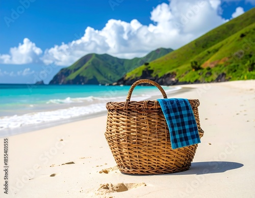 Woven basket on a sandy beach near calm turquoise ocean